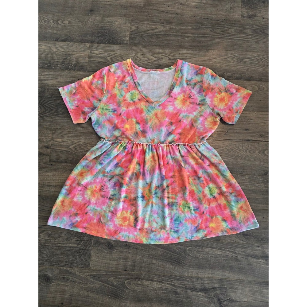 Womens 1X Retro Tie Dye Tunic Top V-Neck Empire Waist Pink Orange Multi USA Made
